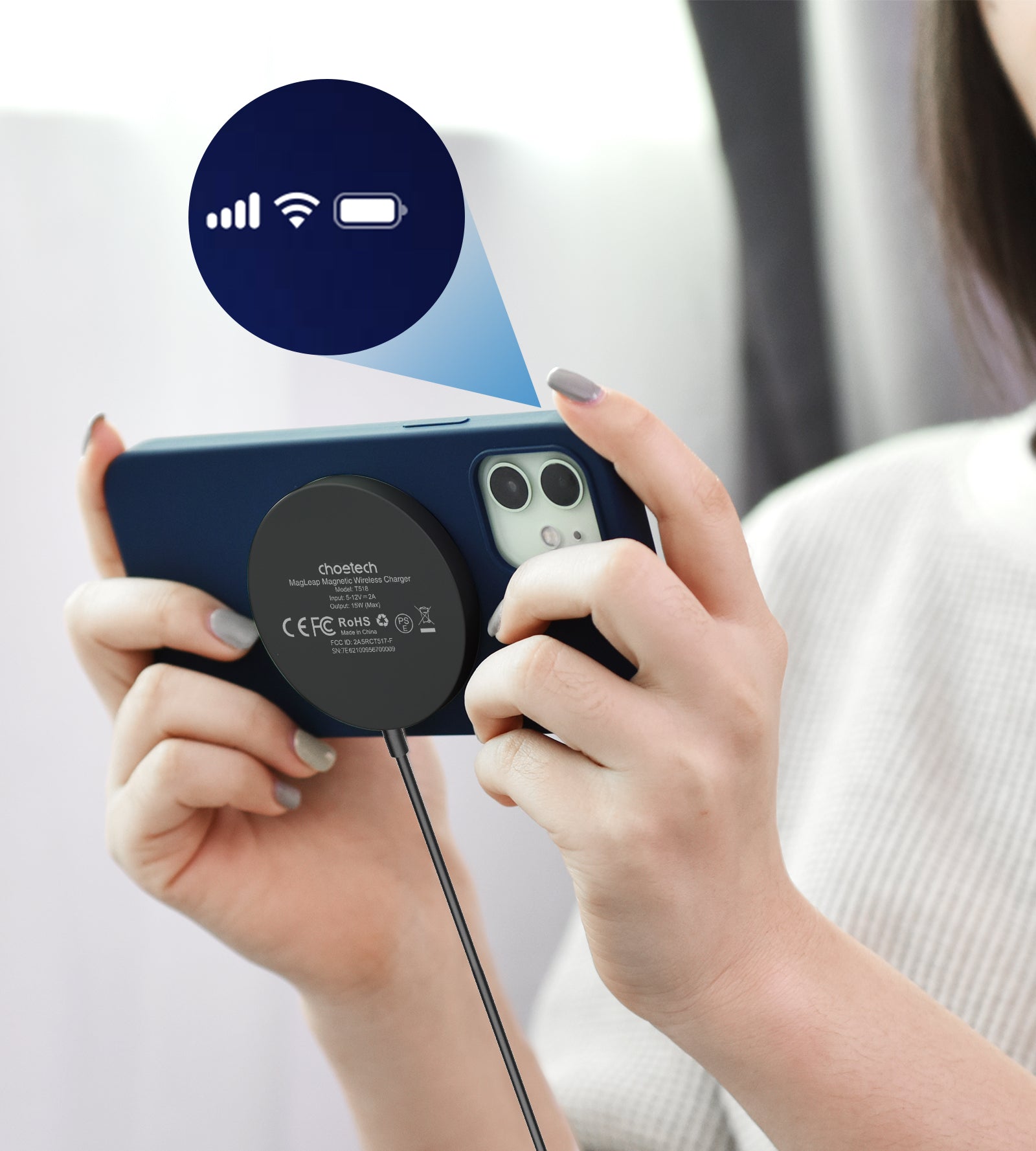 Chargeur Magnétique Sans Fil Choetech T518-BK – 15W avec câble USB-C intégré 1,2 m