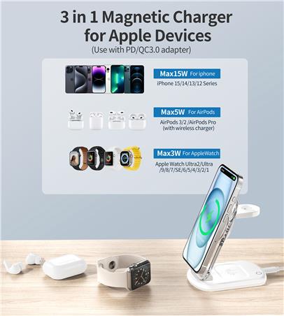 Chargeur sans fil magnétique 3-en-1 Choetech 15W avec adaptateur inclus – Compatible MagSafe