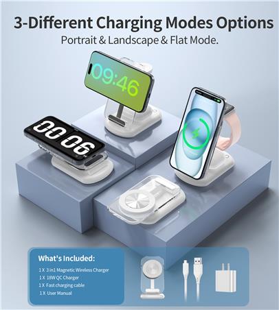 Chargeur sans fil magnétique 3-en-1 Choetech 15W avec adaptateur inclus – Compatible MagSafe