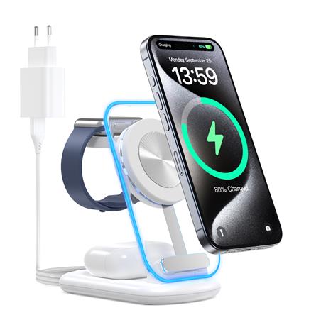 Chargeur sans fil magnétique 3-en-1 Choetech 15W avec adaptateur inclus – Compatible MagSafe